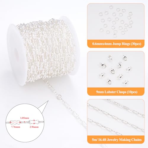 YOUBEIYEE 16.4 Feet Silver Plated Stainless Steel Jewelry Chain Roll Necklace Bracelet DIY for Women Jewelry Supplies Findings - color: Silver