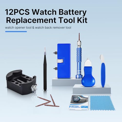EasyTime Watch Battery Replacement Tool Kit Professional Watch Repair Toolkit and Back Remover Set with Adjustable Case Opener, Tweezers, Screwdriver and Instructions - color: Blue