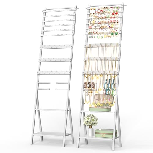 Jewelry Stand Organizer, Jewelry Holder Organizer, Floor Standing Jewelry Armoire White Large Hanging Jewelry Stand with Earring Organizer Necklace Holder - color: White