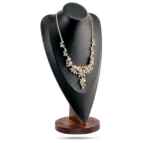 14.5" Real Walnut Jewelry Necklace Bust Display Stand for Vendors - Black Faux Leather - Wooden Mannequin Chain Holder - Tall - color: Black, size: 14.5" Tall, style: Walnut