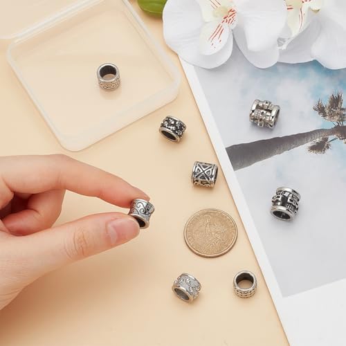 PH PandaHall 8 Styles 8mm Hole Column Beads, 304 Stainless Steel Spacer Beads Large Hole Beads Tube Lanyard Beads Tube Bead for DIY Bracelets Necklaces Jewelry Leather Craft Making, Antique Silver