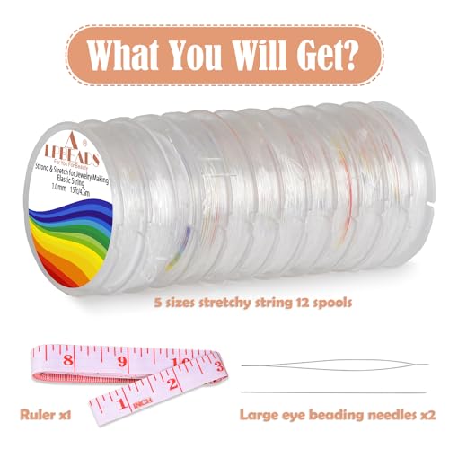 Elastic Bracelet String Cord, LPBeads 12 Rolls 6 Different Sizes Crystal Clear Stretchy Elastic Bead String for Bracelets, Jewelry Making and Clay Pony Seed Stone Beads with Beading Needles and Ruler