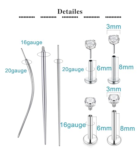 QWALIT Piercing Taper Threadless Insertion Tool - Titanium Labret Pin 16g, 18g, 20g - color: D11 - Silver Threaded+Threadless