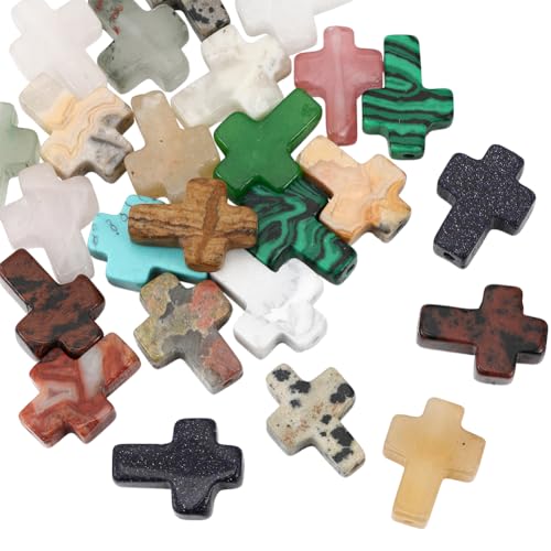 1 Box 25PCS Easter Cross Gemstone Beads with Holes Natural Mixed Color Stone Crystal Energy Spacer Loose Charms Bead Bulk for Jewelry Making Necklaces Party Holiday Adult Diy Craft Supplies