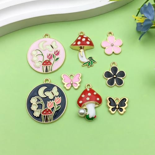 Sailanzi 32pcs Alloy enamel butterfly mushroom flower series Pendant Jewelry Making DIY Keychain Earrings Pendant Various Design Charms for Jewelry Making Bracelets Necklace (SN779) - color: SN779