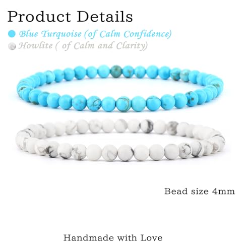 NCB 2.3-Piece 4mm Natural Crystal Gemstone Stretch Bracelets – Handmade Reiki Energy Healing Jewelry for Meditation,Yoga, Unisex - color: 2PCS ( Blue Turquoise+Howlite ), size: 4mm