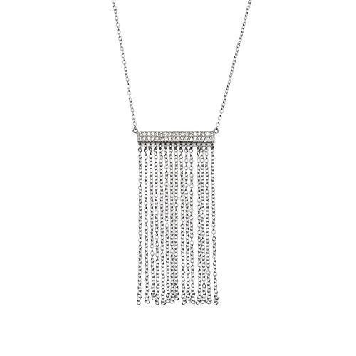 Horizontal Bar Necklace for Women, Sterling Silver or 14K Gold Plated Silver, Minimalist, CZ Diamond, Dainty Bar Pendant - Unique Jewelry Gift - style: Chain Fringe - Silver