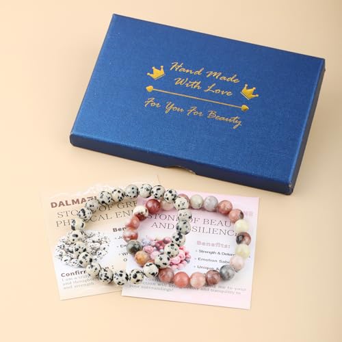NCB 2.3-Piece 4mm Natural Crystal Gemstone Stretch Bracelets – Handmade Reiki Energy Healing Jewelry for Meditation,Yoga, Unisex - color: 2PCS ( Dalmation Jasper+Red Plum Blossom Stone ), size: 8mm
