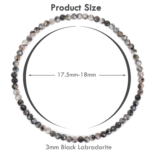 BONNY BOXX Natural Genuine Gemstone Faceted Round Beads Bracelets, 3mm Adjustable Stretchy Tiny Faceted Black Tourmaline Bracelet, Healing Crystal Reiki Chakra Dainty Jewelry Fashion Gifts - color: Black Labradorite