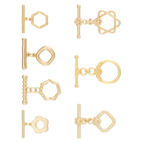 7Pcs 18K Gold Plated Brass Toggle Clasps Golden Toggle Jewelry Clasps Flower Rhombus Hexagon Ring Star Toggles T Bar Clasp for Bracelet Necklace Jewelry Making - color: Golden