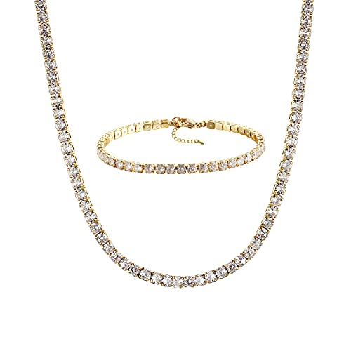 Tewiky Layered Necklaces for Women Non Tarnish- Chunky 14k Gold Plated Herringbone/Snake/Rope/Box/Cuban Link Chain for Women Waterproof Layering Stack Choker Necklace Trendy Dainty Tarnish Free Jewelry Set - color: Tennis Necklace Set Gold