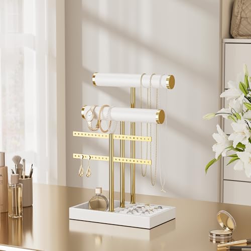bussdis 3 Tier Bracelet Holder Display - White Leather Bracelet Holder, Detachable T Bar Jewelry Holder Organizer for Bracelet, Necklace, Earrings, Rings, Watches, Bangle - color: White