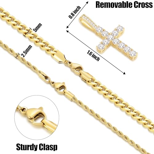 Fiusem Layered Cross Necklace for Men, Silver Tone/14K Gold Plated Mens Necklace Chain with Cubic Zirconia Cross Pendant, Stainless Steel Cuban and Rope Chain - color: Gold, size: 16/18 inches