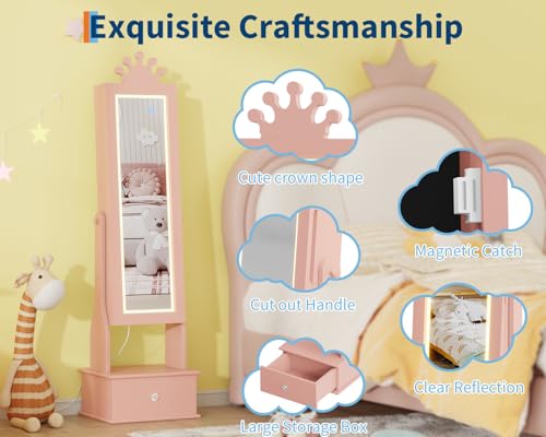 Kids Jewelry Armoire Cabinet with Full-Length Mirror,46"Jewelry Armoire with Led Light, Kids Jewelry Organizer with 3 Storage Drawers,Kids Vanity Dress Up Mirror Jewelry Cabinet for Girls（light Pink) - size: Light pink