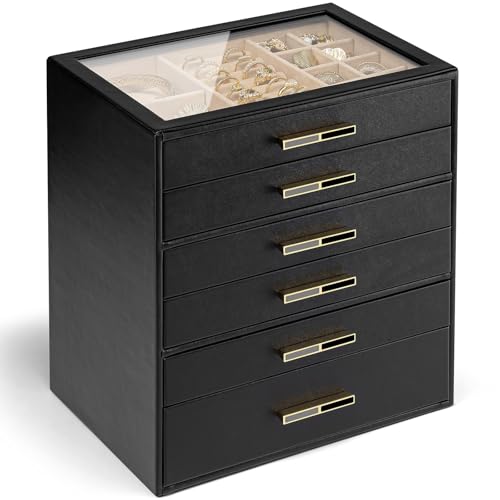 VLANDO 6 Layer Jewelry Box for Women, Glass Lid Jewelry Organizer with 6 Drawers for Necklaces Rings Earrings Bracelets - Black - color: D. Black, size: 6-Layer