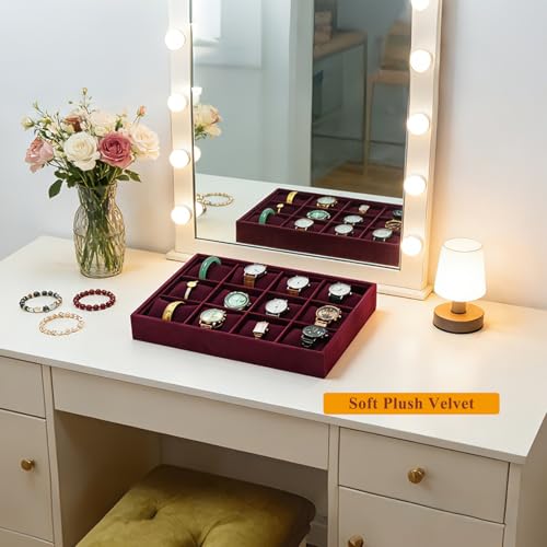Jewelry Watch Tray, Purple Velvet Watch Jewelry Organizer 12 Grid, Stackable Watch Bracelet Bangle Display Holder, Adjustable Pillows, for Man Woman Show Birthday - color: Purple