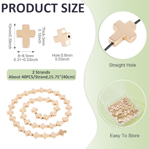 80 Pcs Hematite Cross Beads for Jewelry Making 8.5mm Natural Hematite Beads Small Cross Crucifix Bracelet Charms Gemstone Round Loose Bead for Women Men Bracelet Jewelry Making - color: Golden-Hematite