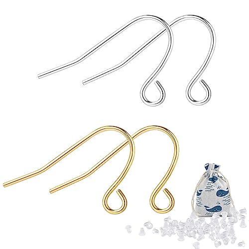 925 Sterling Earring Hooks 200PCS Silver+14K Gold Jewelry Making Supplies Hypoallergenic Ear Wires Fish Hook Earring Findings with 200PCS Clear Rubber Earrings Backs for DIY Jewelry Making Bulk - color: 200pcs gold and silver