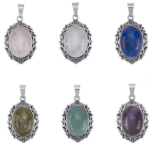SUNNYCLUE 1 Box 6Pcs 6 Styles Natural Gemstone Charms Crystal Stone Charm Bulk Oval Alloy Antique Silver Colorful Gem Stones Pendants for Jewelry Making Supplies DIY Craft Necklace Bracelet Earring