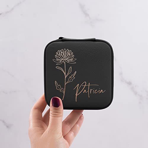 Custom Leather Jewelry Box w/Name & Birth Flower Month - Birthday Gifts for Women, Personalized Jewelry Travel Case - Customized Jewelry Organizer Box, Mom Birthday Gifts - Black - color: Black