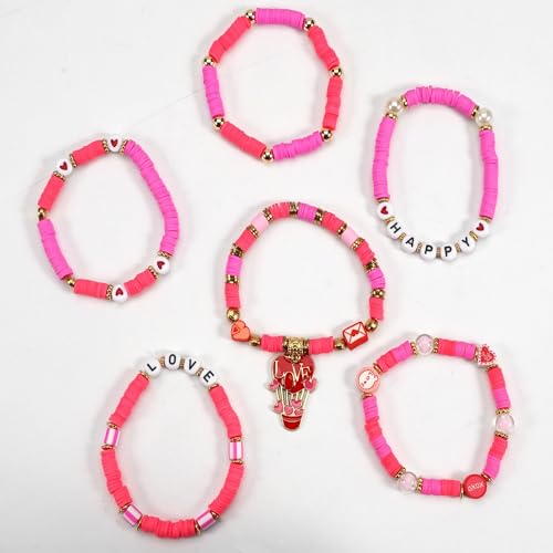 6PCS Valentine’s Day Clay Heishi Bracelet Set for Women- Red Pink Heart Love KISS XOXO Beaded Stretch Bracelets - Handmade Polymer Clay Crystal Glass Stackable Jewelry Gift for Galentine's Anniversary - color: LOVE-05