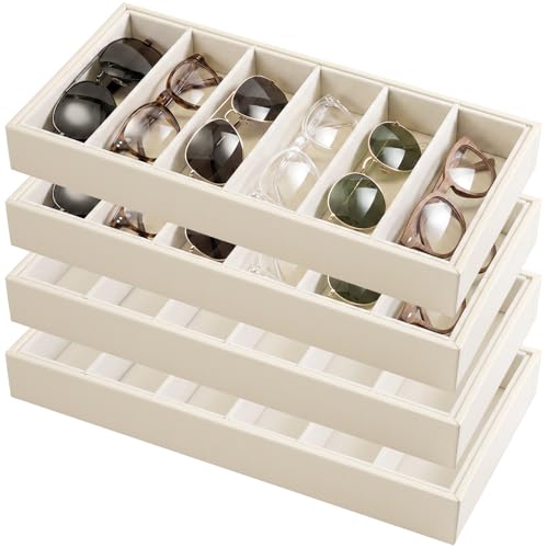 Juexica 4 Pcs Velvet Sunglasses Organizer Tray 6 Grid Sunglass Organizer Velvet Tray Stackable Glasses Display Case for Women Glasses Jewelry Display Watch (Beige PU) - color: Beige Pu