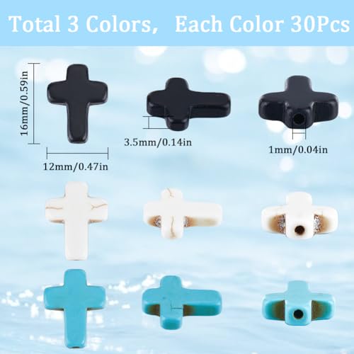 SUNNYCLUE 1 Box 90Pcs Cross Beads Bulk Black White Blue Synthetic Turquoise Pocket Crosses 16x12mm Mini Small Stone Cross Beads Easter Holiday Cross Loose Spacer Beads for Jewelry Making Beading Kits - color: 90pcs 12x16mm Black White Blue Cross Beads