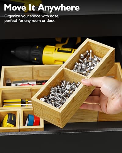 12-Piece Bamboo Desk Drawer Organizer Set – Adjustable Storage Boxes with 24 Compartments, Non-Slip, Modular Design for Office, Jewelry, Vanity, and Kitchen Utensil Drawer Storage - size: 24 Compartments