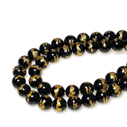 MJDCB Natural Stone Beads 10mm 35pcs Round Black Onyx Carved Dragon Loose Gemstone Bead Charms for Jewelry Making Bracelet Necklace Earring Pendant - color: Black Onyx Carved Dragon, size: 10mm
