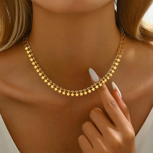 Gold Chain Necklace for Women 18K Gold Plated Dainty Star Cross Heart Cuabn Choker Chains Stainless Steel Trendy Jewelry Christmas Gifts - color: Tiny Star