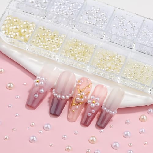 2100Pcs Flatback Nail Pearls Gems, 1.5-5mm White Beige Beads Half Round Nail Charms Beads with Pickup Pencil and Tweezers for Crafting Face Hair Manicure (11-K1-half-pearls-beige-white) - color: 11-K1-half-pearls-beige-white