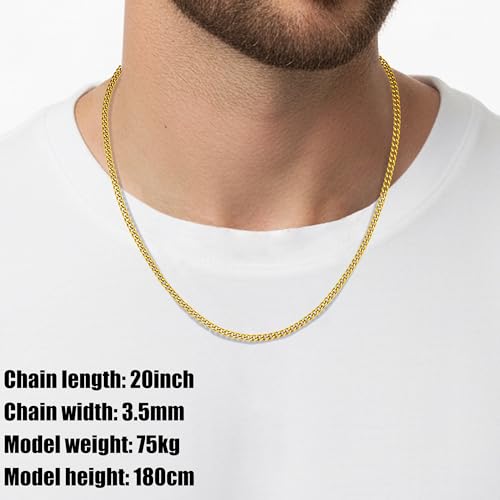 Fiusem 3.5mm Cuban Link Chains for Men, Silver Tone/Black/14K Gold Plated Stainless Steel Necklace Chain, Mens Necklace 16, 18, 20, 22, 24, 26, 28 Inch - size: 24 Inches, style: c.3.5mm width-gold plated