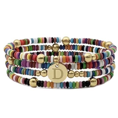 Set of 4 Colorful Bead Initial Bracelets, Personalized Stackable Jewelry, Adjustable Stretchy Charm Bracelets for Women, Beaded Bracelet Set, Trendy Custom Jewelry Gift - style: Colorful Bead - D