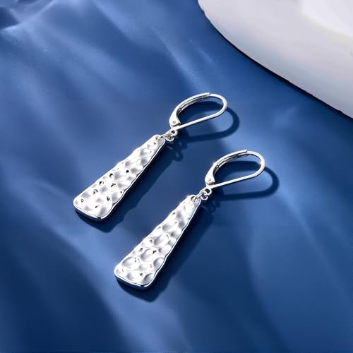 ALEXCRAFT 925 Sterling Silver Dangle Earrings for Women, 14K Gold Plated French Leverback Earrings, Hypoallergenic Lightweight Statement Hammer Square Bar Long Drop Earing for Women Trendy Jewelry - color: SilverA