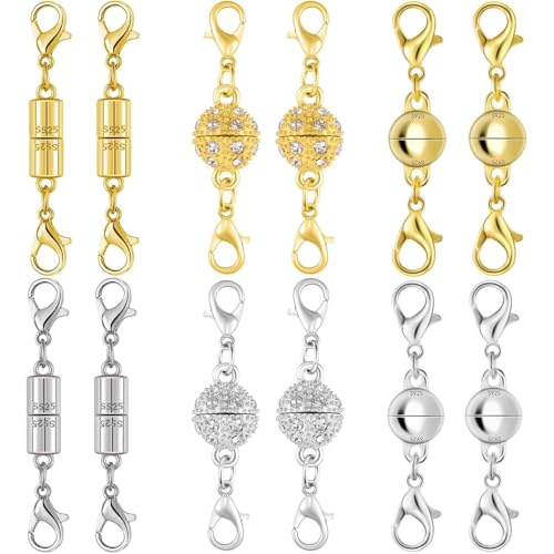 Magnetic Crystal Ball Jewelry Clasps Set, Gold and Silver Plated, Easy-to-Use Connectors with Lobster Closures for Necklaces (12pcs Golden Silvery) - color: 12pcs golden silvery