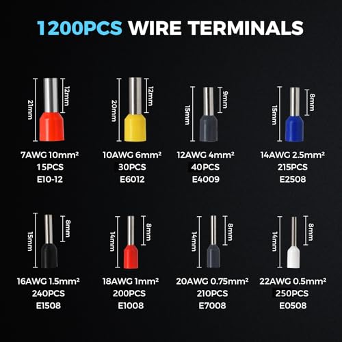 WGGE Ferrule Crimping Tool Kit, AWG 23-7 Self-adjustable Ratchet Wire Ferrule Crimper Plier Set with 1200pcs Wire Terminals Crimping Connectors Wire Ends Ferrules