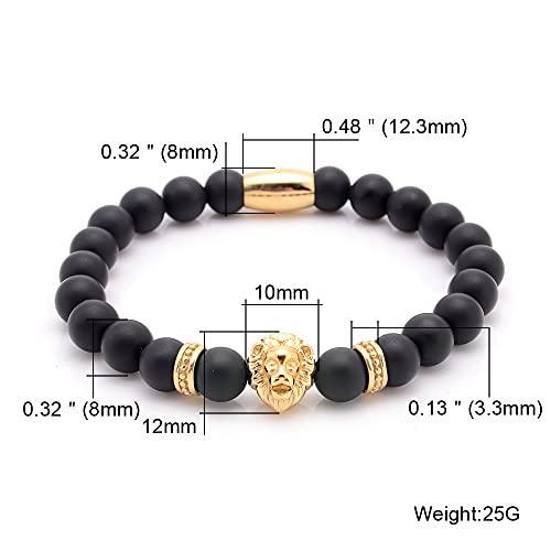 Ourania Onyx Lion Stone Bracelet Men - Black Onyx Beaded Stainless Steel Leo Head Bracelet Women 8mm - color: Gold