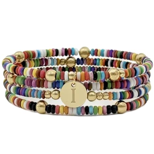 Set of 4 Colorful Bead Initial Bracelets, Personalized Stackable Jewelry, Adjustable Stretchy Charm Bracelets for Women, Beaded Bracelet Set, Trendy Custom Jewelry Gift - style: Colorful Bead - I