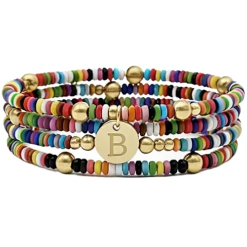 Set of 4 Colorful Bead Initial Bracelets, Personalized Stackable Jewelry, Adjustable Stretchy Charm Bracelets for Women, Beaded Bracelet Set, Trendy Custom Jewelry Gift - style: Colorful Bead - B
