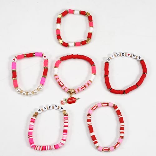 6PCS Valentine’s Day Clay Heishi Bracelet Set for Women- Red Pink Heart Love KISS XOXO Beaded Stretch Bracelets - Handmade Polymer Clay Crystal Glass Stackable Jewelry Gift for Galentine's Anniversary - color: LOVE-02