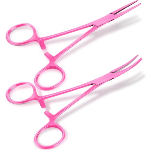 BBTO Hemostat Curved and Straight Hemostat Forceps Piercing Pliers Forceps, Stainless Steel Straight and Curved Pliers, Fishing Tweezer(Pink,2 Pcs) - color: Pink