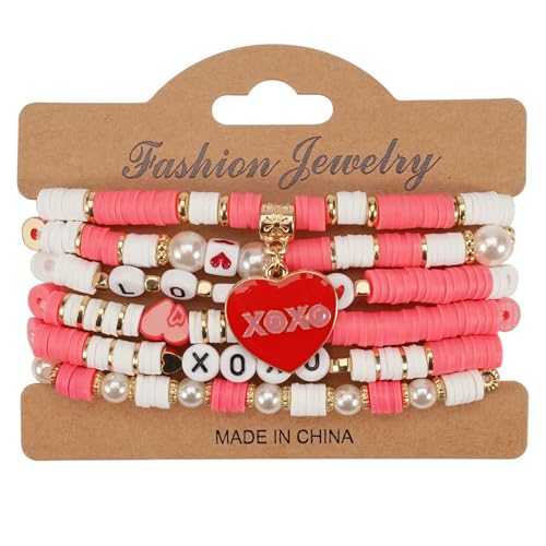 6PCS Valentine’s Day Clay Heishi Bracelet Set for Women- Red Pink Heart Love KISS XOXO Beaded Stretch Bracelets - Handmade Polymer Clay Crystal Glass Stackable Jewelry Gift for Galentine's Anniversary - color: LOVE-06