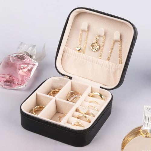 Travel jewelry case,Small Jewelry Box Organizer with Mirror, Gift for Women Girls,3.9"x3.9",Black,1Pack - color: Black With Mirror, size: 3.9x3.9x1.9 In