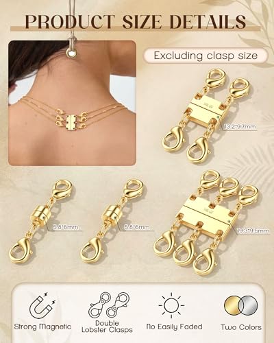GEMQUEEN Magnetic Necklace Clasps and Closures with Double Lobster Clasp : 14K Gold Plated Magnet Jewelry Layering Clasps for Necklaces Multi Magnets Bracelet Helper Necklace Extenders 4PCS - color: 14K Gold Plated -4PCS