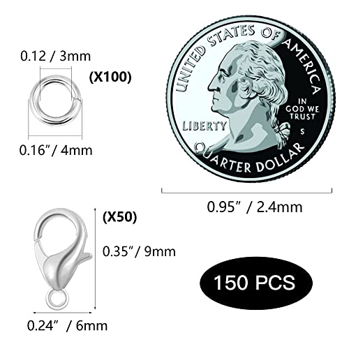 Lobster Clasps for Jewelry Making, 150pcs 9mm Lobster Claw Clasps with Open Jump Rings Necklace Bracelet Extender 14K Gold Claps for DIY Jewelry Repair(Silver) - color: Silver