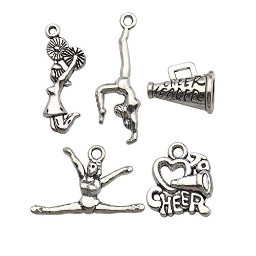 50 PCS Cheerleader Charms Collection, Cheer and School Spirit Gymnastics Girl Pom Girl Love Cheer Jumping Cheerleaders Charms, Silver Tone (HM163) - color: Cheerlead Charms