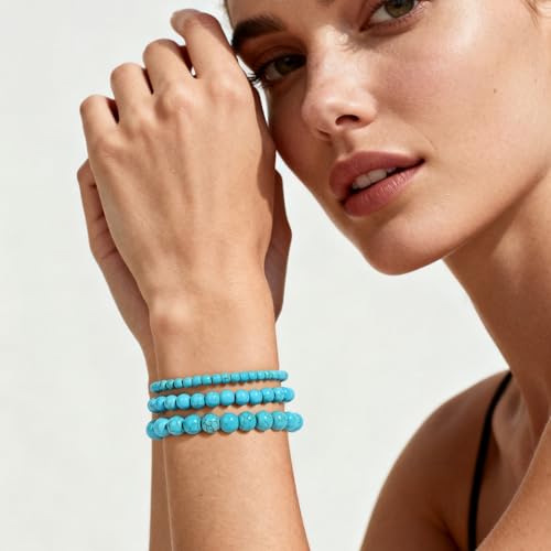 3Pcs Natural Healing Crystal Bracelets for Women Men, 4mm 6mm 8mm Beaded Stretch Bracelet Set, Black Tourmaline Natural Stone Gemstone Jewelry Gifts for Meditation, Reiki & Yoga - color: Turquoise