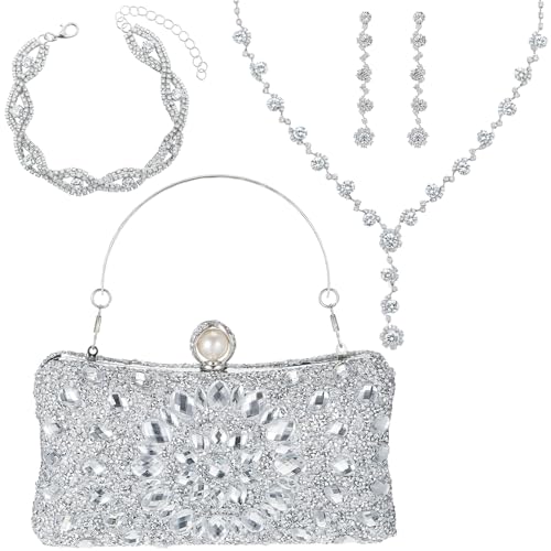 Quelay 4 Pcs Purse Rhinestone Jewelry Set Evening Clutch Bag Bling Crystal Necklace Dangle Earrings Bracelets Accessories - color: Silver, size: Groovy Style