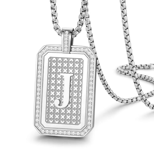 Initial Pendant Necklace Men Women Uppercase Silver Letter Diamond A-Z Stainless Steel Box 22 Inch - color: Silver-J