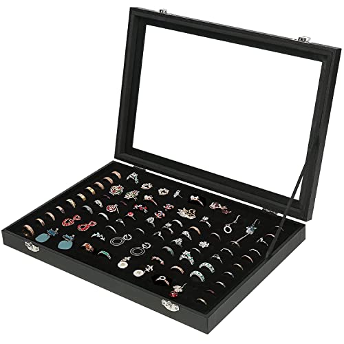 OSPNIEEK Ring Jewelry Organizer Box, 100 Slot Rings Display Storage Case Earring Showcase - Black Velvet Jewelry Stand Holder Tray with Transparent Glass Lid - Ideal Gift for Women Girls - size: 100 Slot